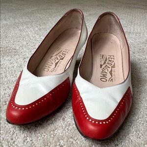 Vintage Salvatore Ferragamo White and Red Leather Spectator Pumps | Size 6